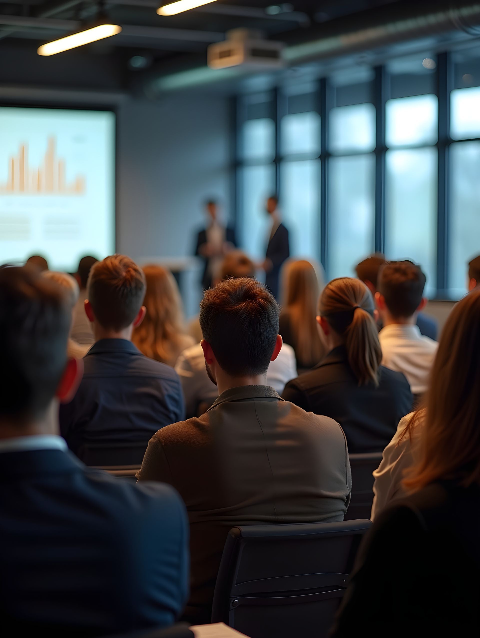 Le public d'une conférence écoute les présentateurs. Un écran affiche un graphique à barres ; la salle est dotée de grandes fenêtres.