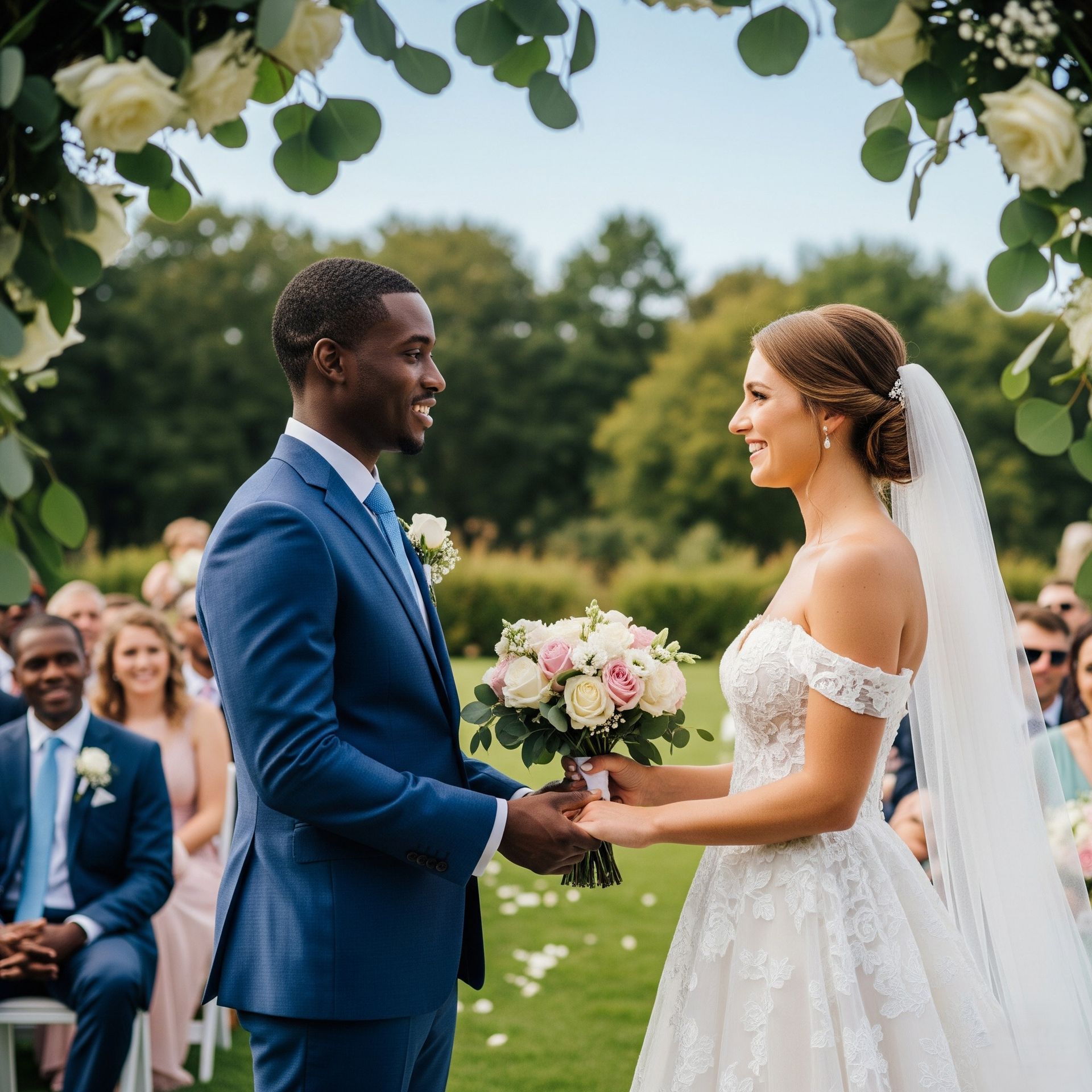 Un couple se tient la main lors d'une cérémonie de mariage en plein air. La mariée porte une robe blanche, le marié un costume bleu, et ils sourient.