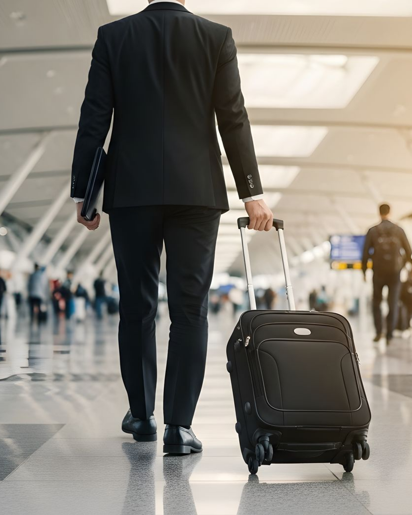 Un homme en costume traverse l'aéroport en tirant une valise à roulettes.