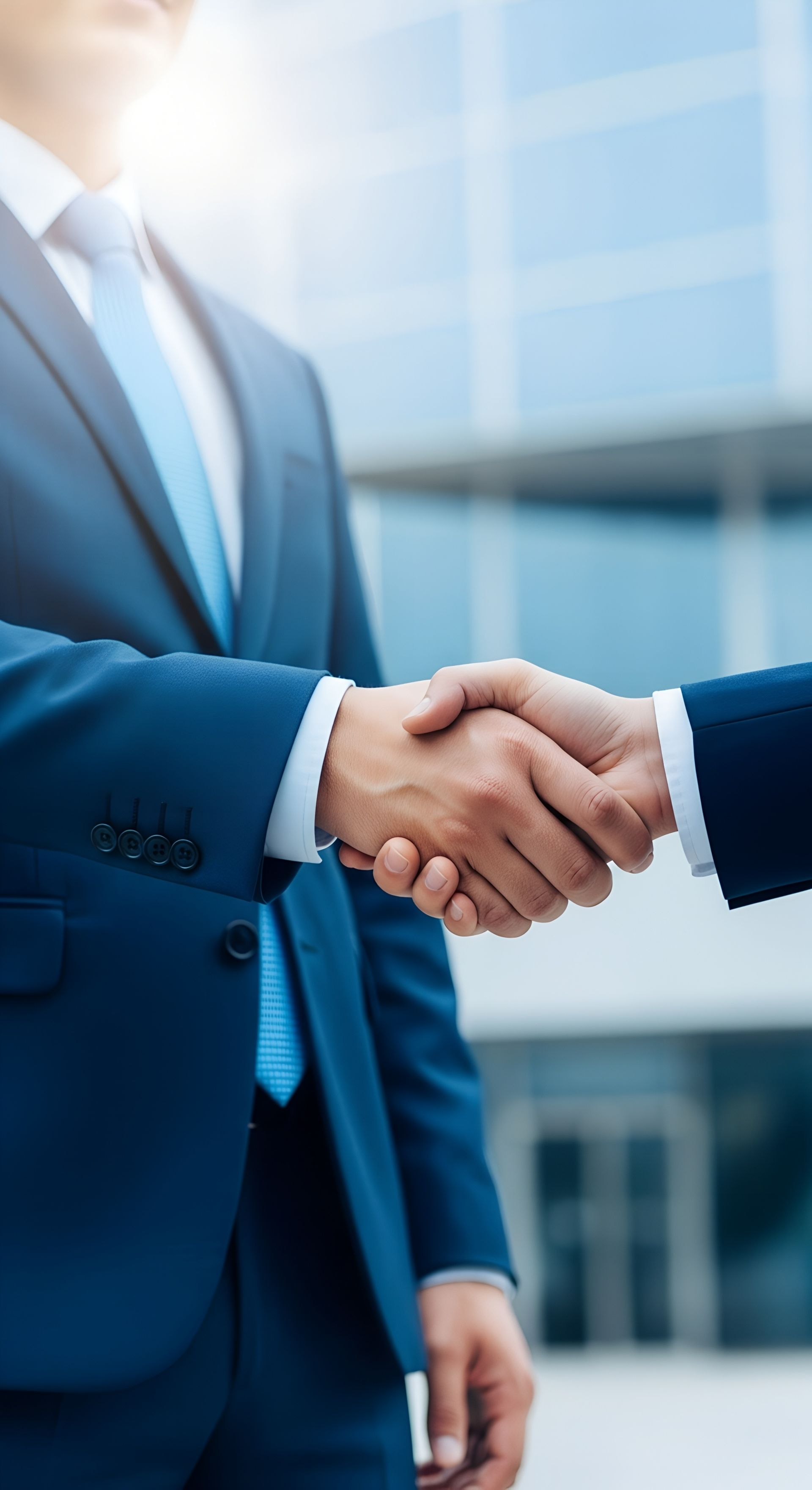 Deux hommes d'affaires en costume se serrent la main devant un bâtiment moderne.