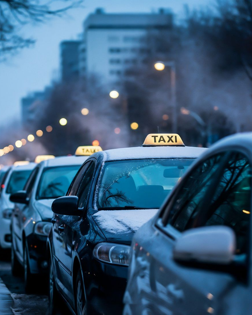 Des taxis garés en rang le long d'une rue enneigée au crépuscule.