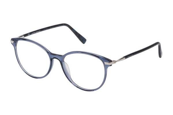 Eine blaue Brille auf weißem Hintergrund.