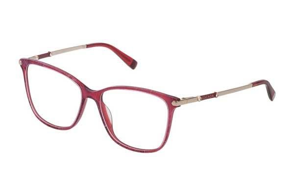 Eine rote Brille auf weißem Hintergrund.