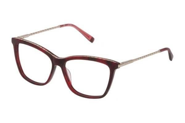 Eine rote Brille auf weißem Hintergrund.