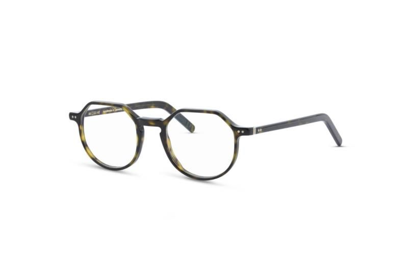 Eine runde Brille auf weißem Hintergrund.