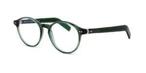 Eine grüne Brille mit klaren Gläsern auf weißem Hintergrund.