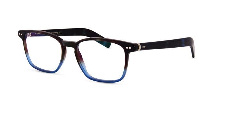 Eine blaue und eine braune Brille auf weißem Hintergrund.