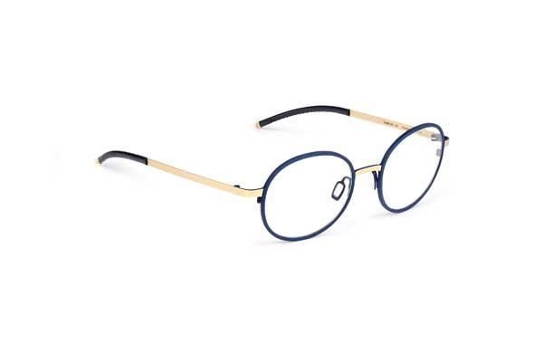 Eine runde, blaue Brille mit goldenem Rahmen auf weißem Hintergrund.