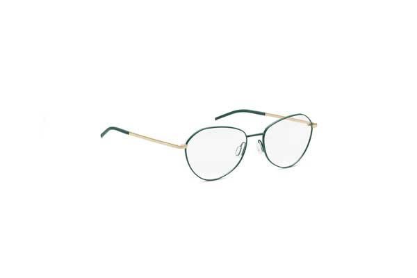 Eine Brille mit grünem Rahmen auf weißem Hintergrund.