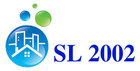 Logotipo azul y verde con icono de casa y texto &ldquo;SL 2002&rdquo;.