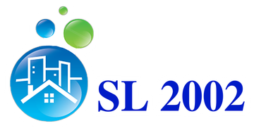 Logotipo azul y verde con icono de casa y texto &ldquo;SL 2002&rdquo;.