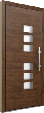 Haustür in Holzoptik mit vertikalen Glaseinsätzen und Edelstahlgriff