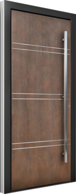 Aluminium-Haustür in Holzoptik mit horizontalen Linien und Edelstahlgriff