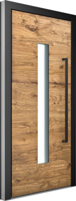 Haustür in Holzoptik mit vertikalem Lichtausschnitt und schwarzem Griff