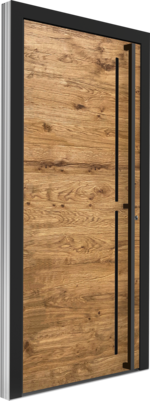 Moderne Haustür in Holzoptik mit schlichter Fläche und dunklem Rahmen