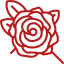 Un dibujo de línea roja de una rosa con hojas sobre un fondo blanco.