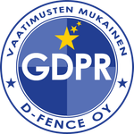 Sininen pyöreä GDPR-logo, jossa suomenkielinen teksti ja tähdet sekä tekstit