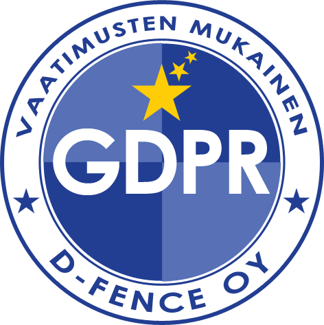 Sininen pyöreä GDPR-logo, jossa suomenkielinen teksti ja tähdet sekä tekstit 