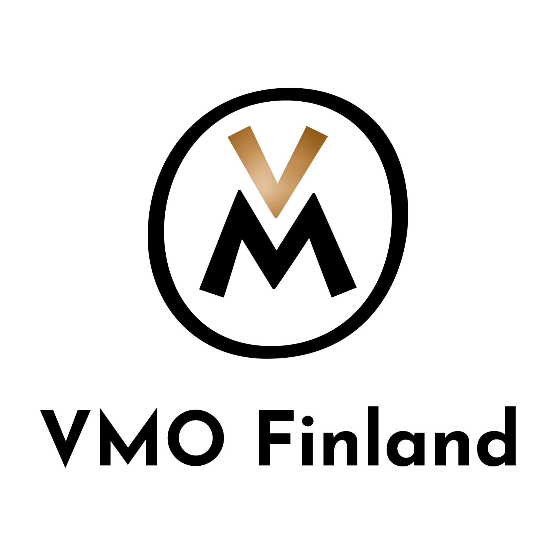 VMO Finland -logo, jossa musta ympyr&auml; ja kulta-musta V-kirjain M-kirjaimen p&auml;&auml;ll&auml; tekstin &rdquo;VMO Finland&rdquo; yl&auml;puolella