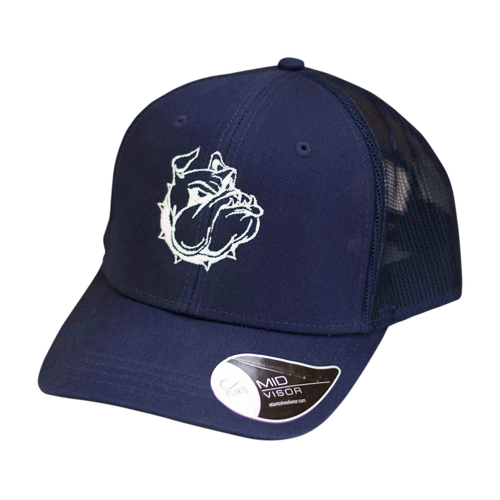 Tummansininen verkkoselkäinen lippalakki, jossa edessä valkoinen bulldog-logo