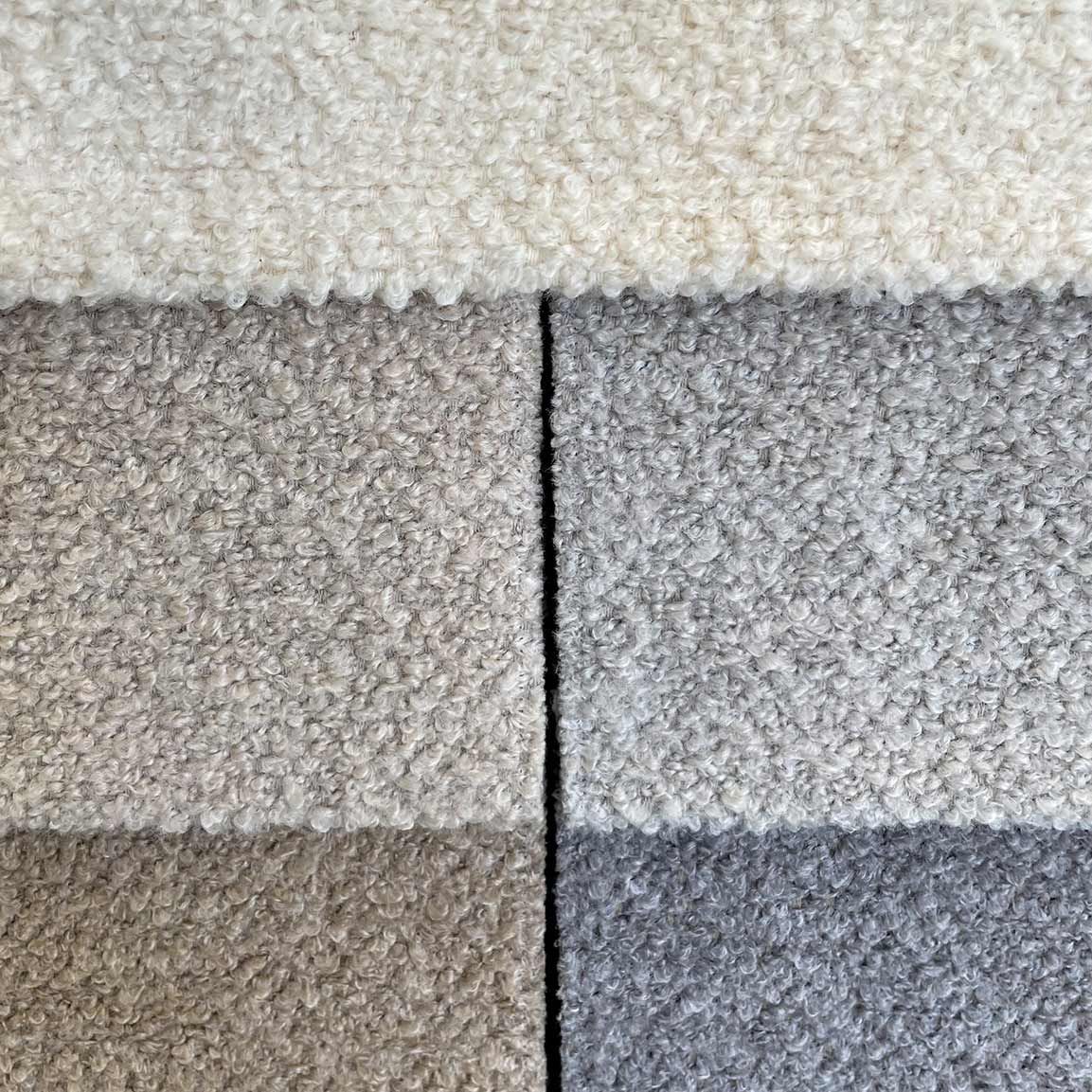 Lähikuva neljästä 2x2-ruudukkoon järjestetystä mattonäytteestä, värit kermanvärinen, beige, taupe ja harmaa.