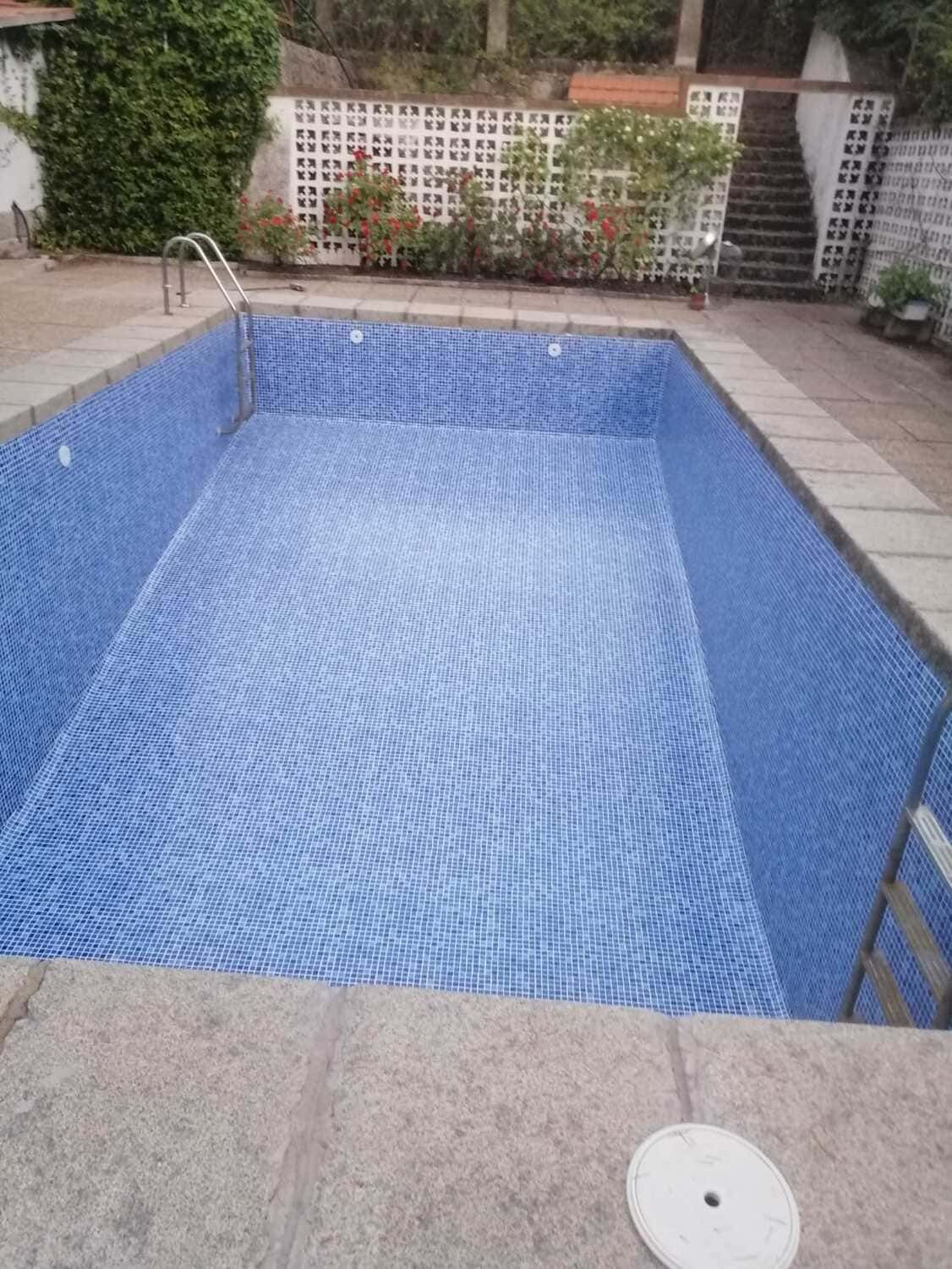 Piscina vacía de azulejos azules rodeada de hormigón con un fondo de jardín.