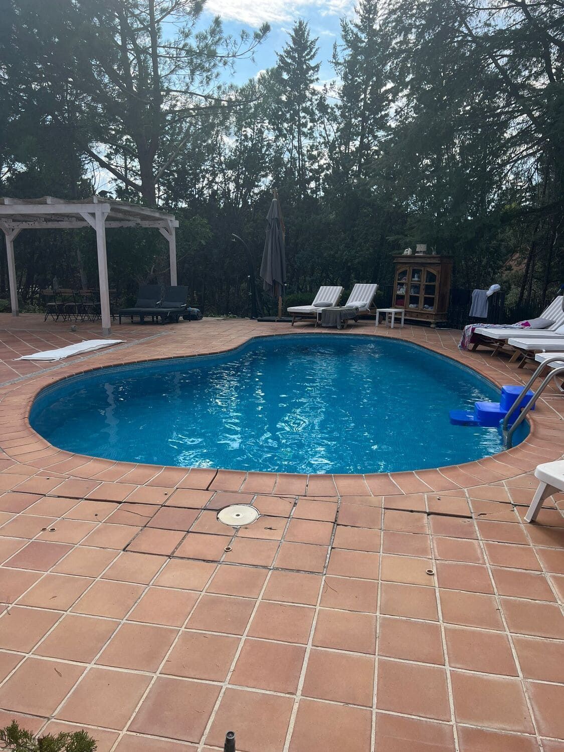 Piscina de agua azul rodeada de baldosas de terracota y tumbonas, situada en una zona natural y boscosa.