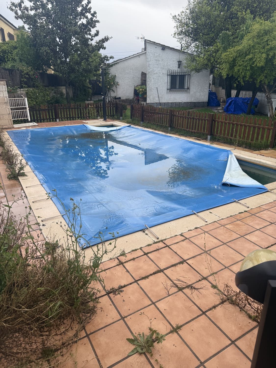 Cubierta azul para piscina rectangular en un patio trasero. Se ven una casa blanca y una valla marrón.