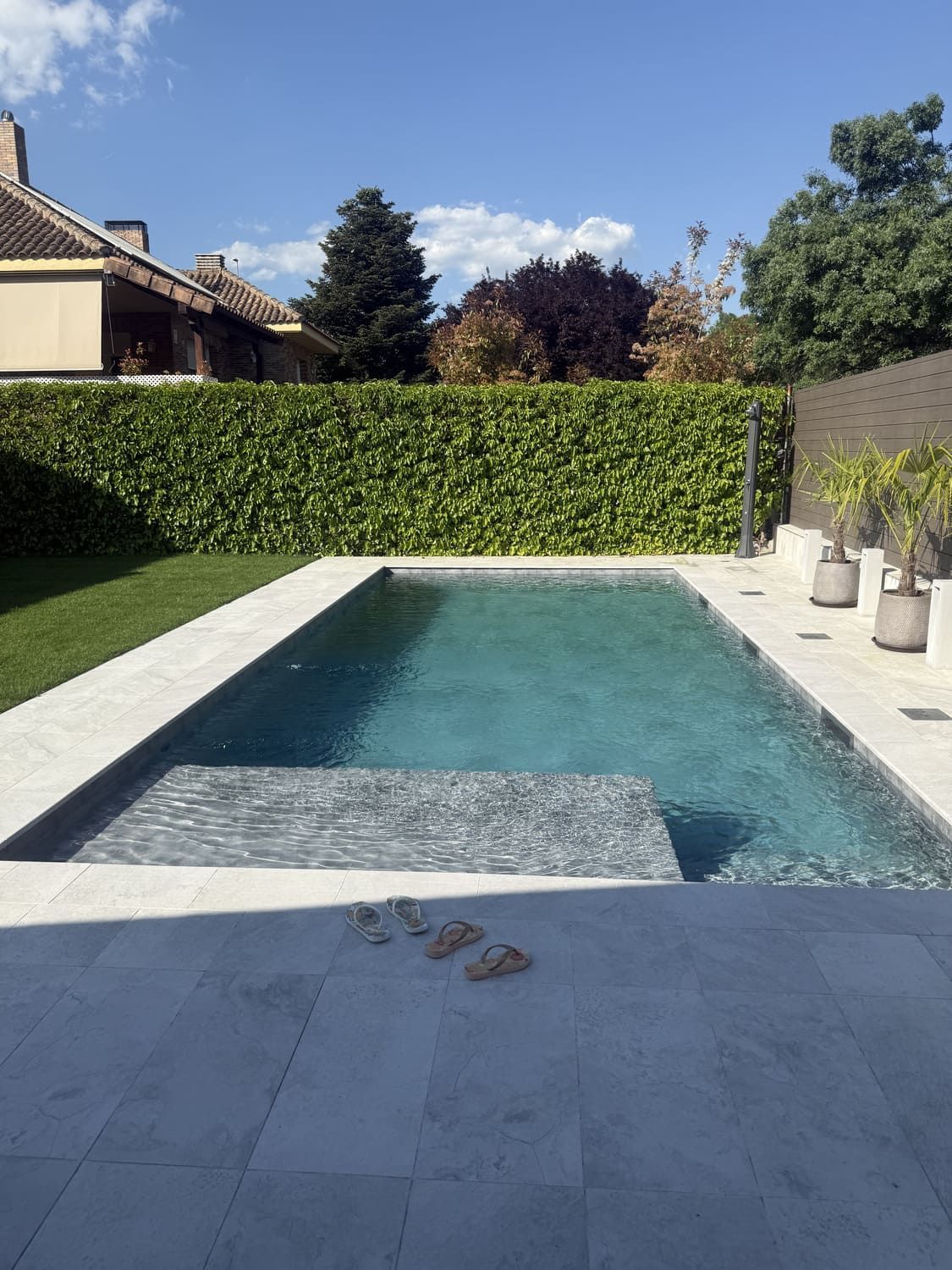 Piscina rectangular rodeada de patio de piedra y césped verde, con seto y árboles al fondo bajo un cielo azul.