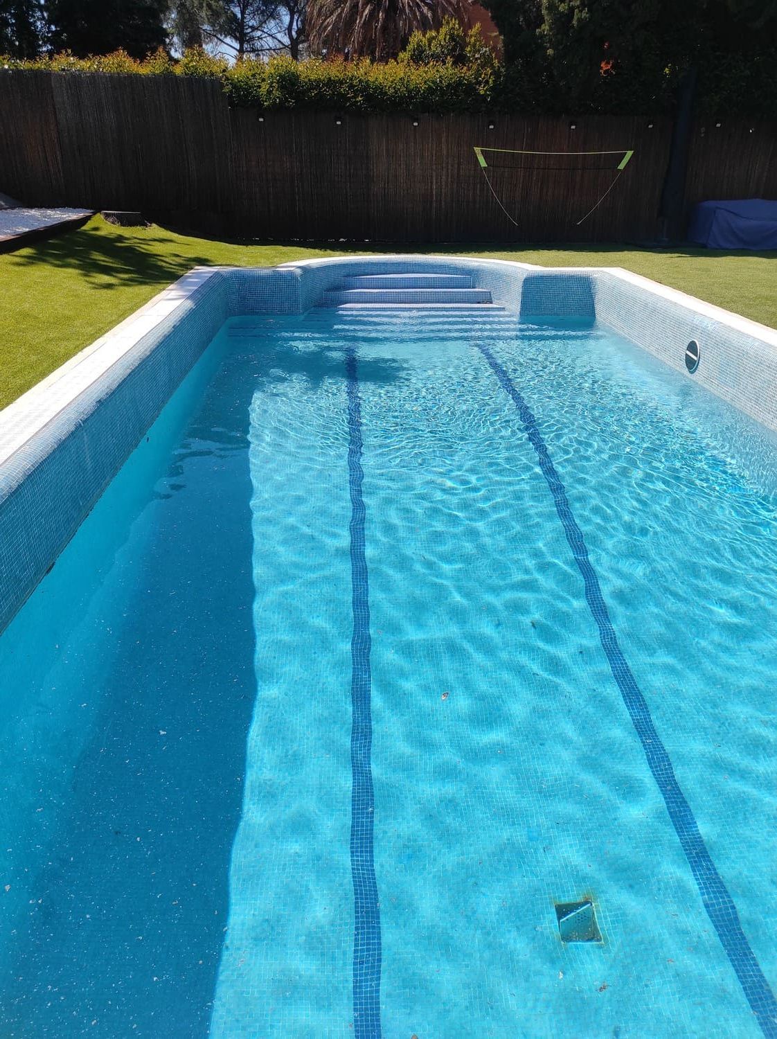 Piscina con escalones, agua azul, carriles marcados y césped circundante.