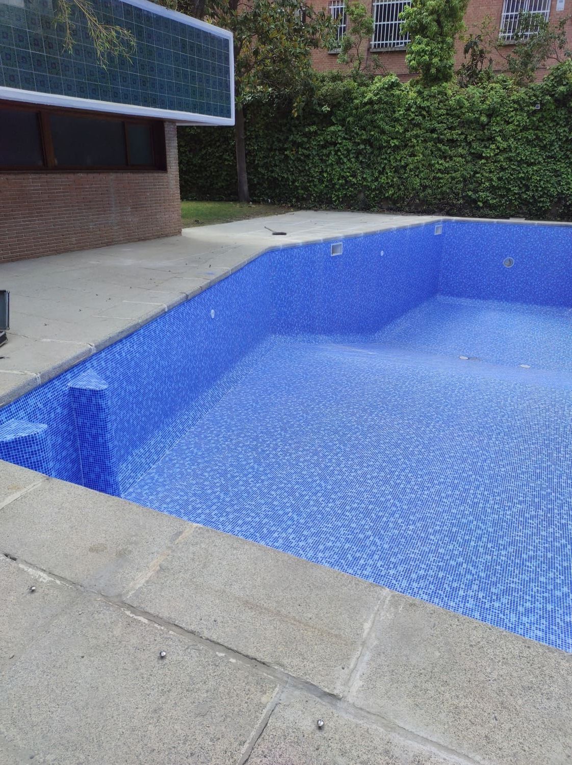 Piscina rectangular vacía con interior de azulejos azules y entorno de hormigón.