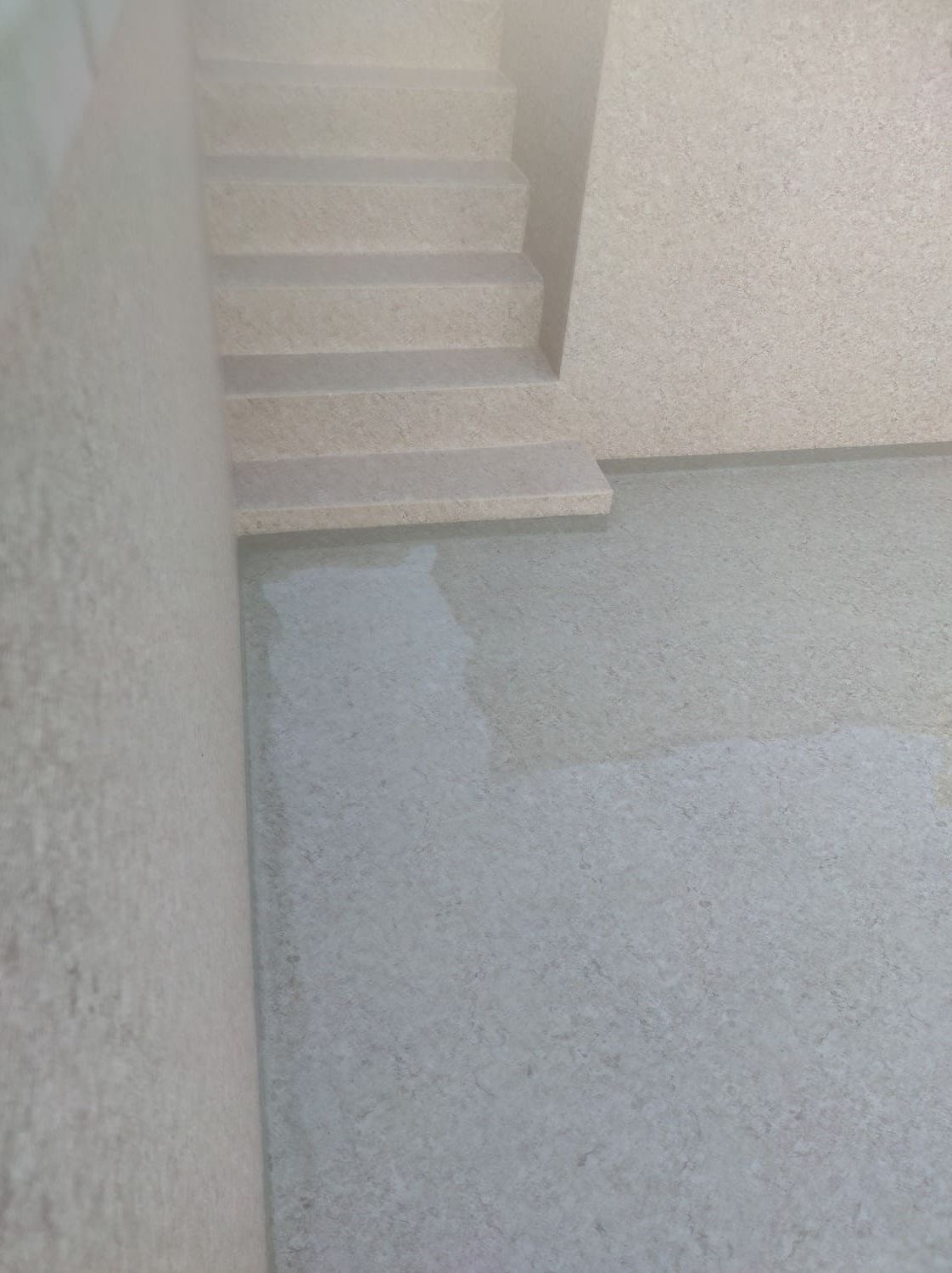 Escaleras que bajan a un estanque de agua, construcción de piedra, iluminación nublada.