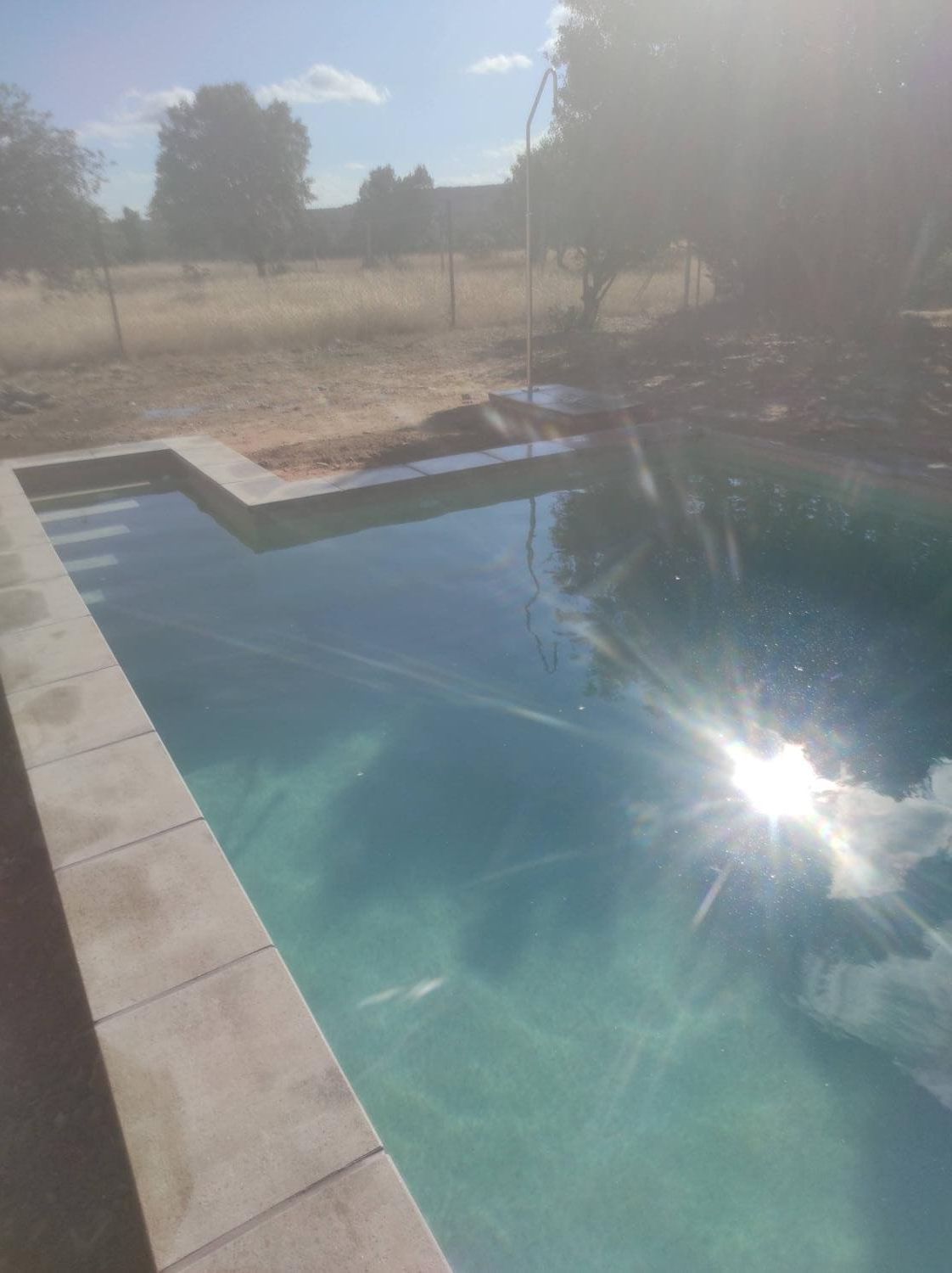 Una piscina rectangular llena de agua clara, con el sol reflejándose en la superficie.