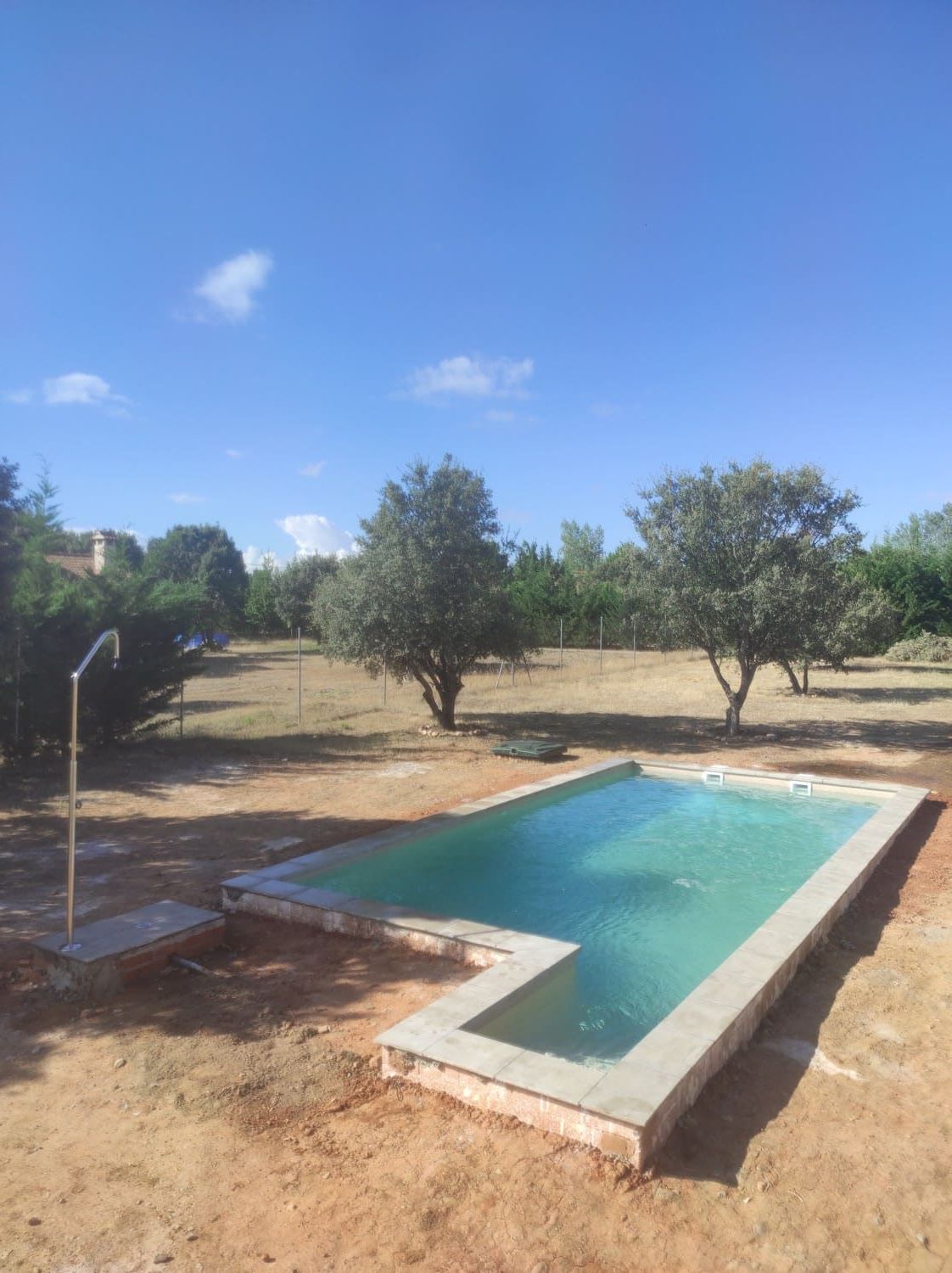 Una piscina rectangular con bordes de hormigón y agua turquesa se encuentra en un campo seco y cubierto de hierba con árboles.