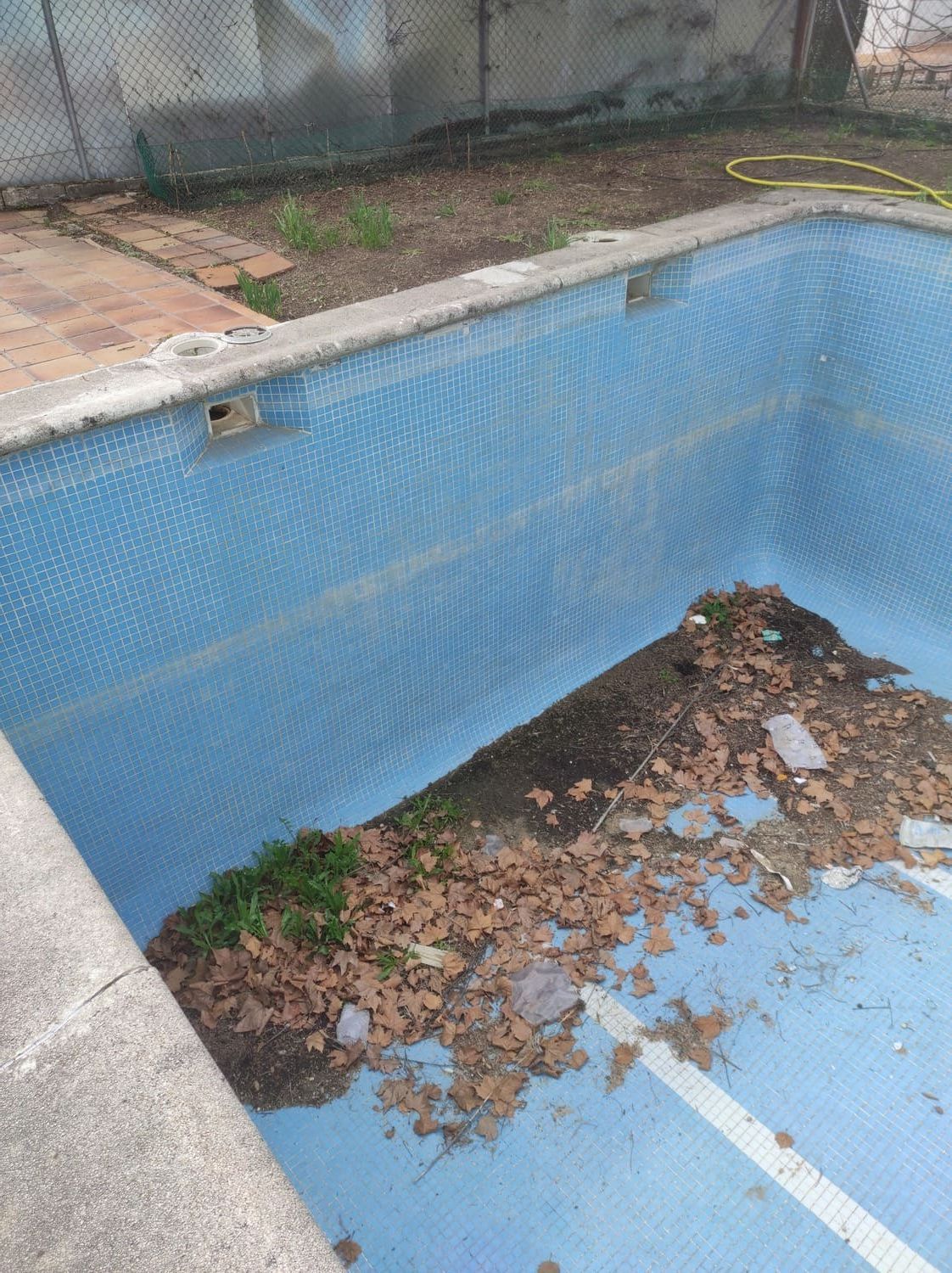 Una piscina vacía de azulejos azules con hojas y escombros. Borde de hormigón.