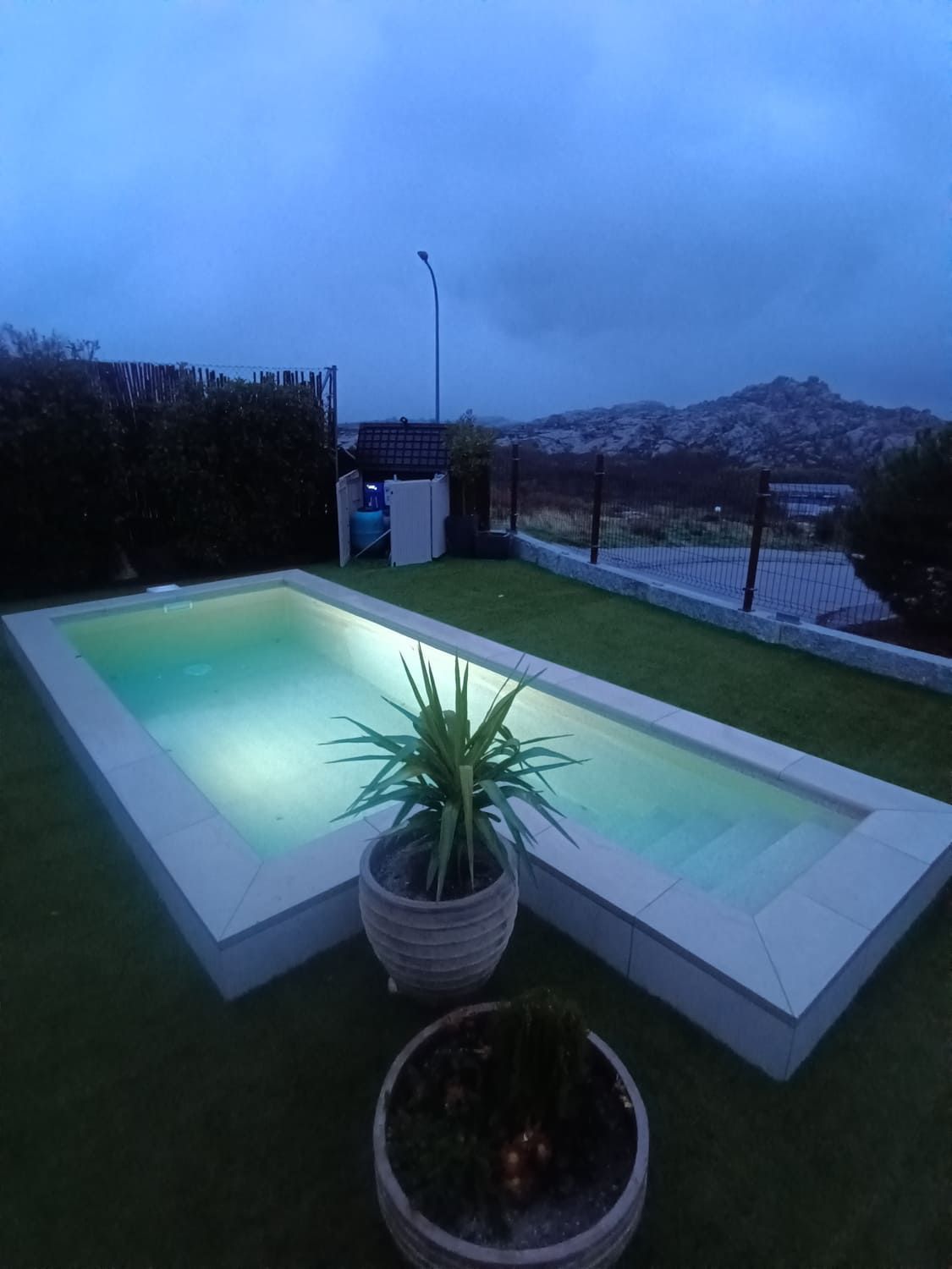 Piscina rectangular con borde blanco, césped verde, plantas en macetas y montañas al fondo bajo un cielo nublado.
