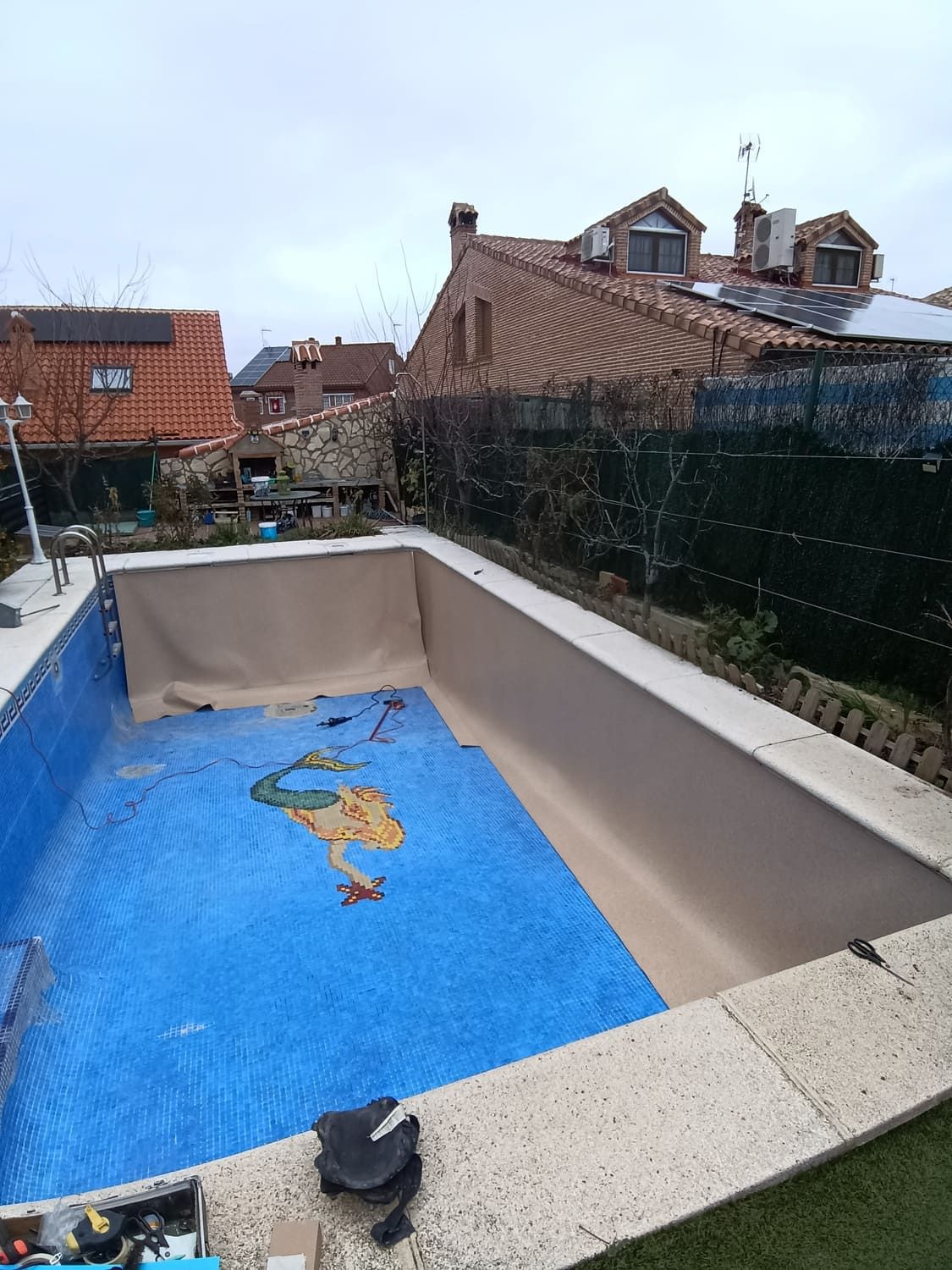 Piscina rectangular vacía con suelo de mosaico azul, rodeada de paredes beige y césped verde. Barrio residencial al fondo.
