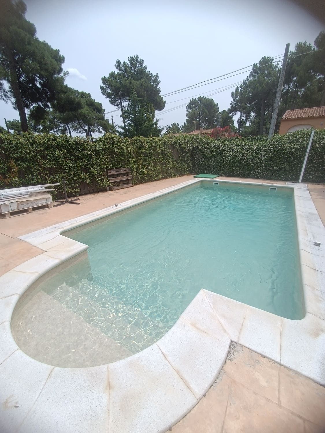 Piscina con agua cristalina, escaleras y deck de piedra circundante, rodeada de vegetación.