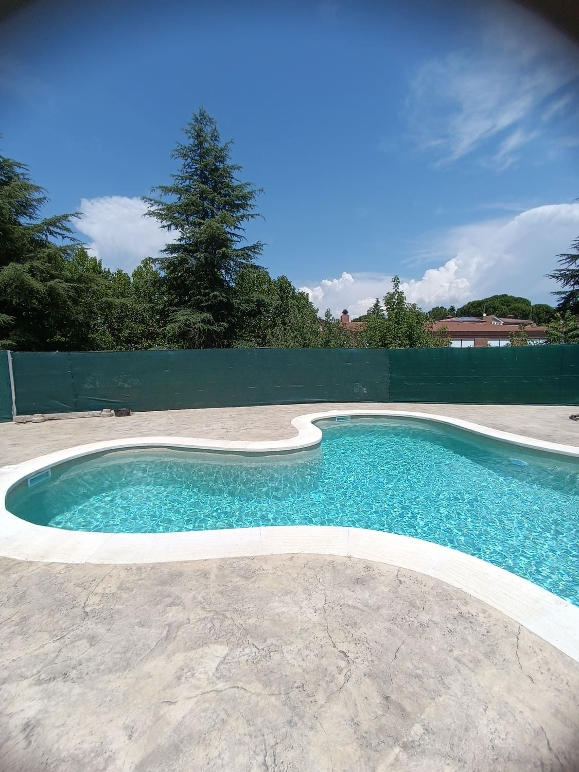 Piscina con agua turquesa, patio de concreto, cerca verde, árboles y cielo azul.