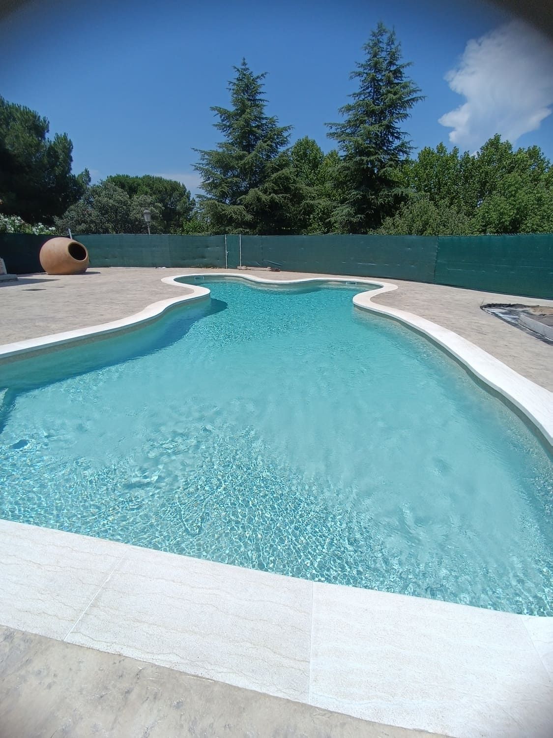 Piscina de agua turquesa, borde blanco y terraza de hormigón circundante. Árboles y cielo azul de fondo.