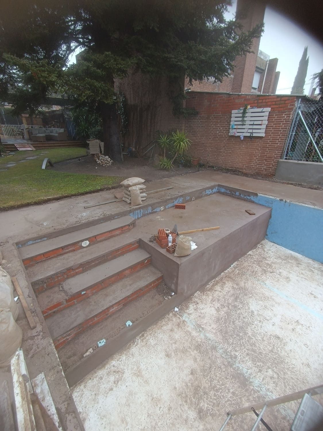 Piscina de hormigón con escalones de ladrillo, en construcción. Al fondo se ven un árbol y un muro de ladrillo.