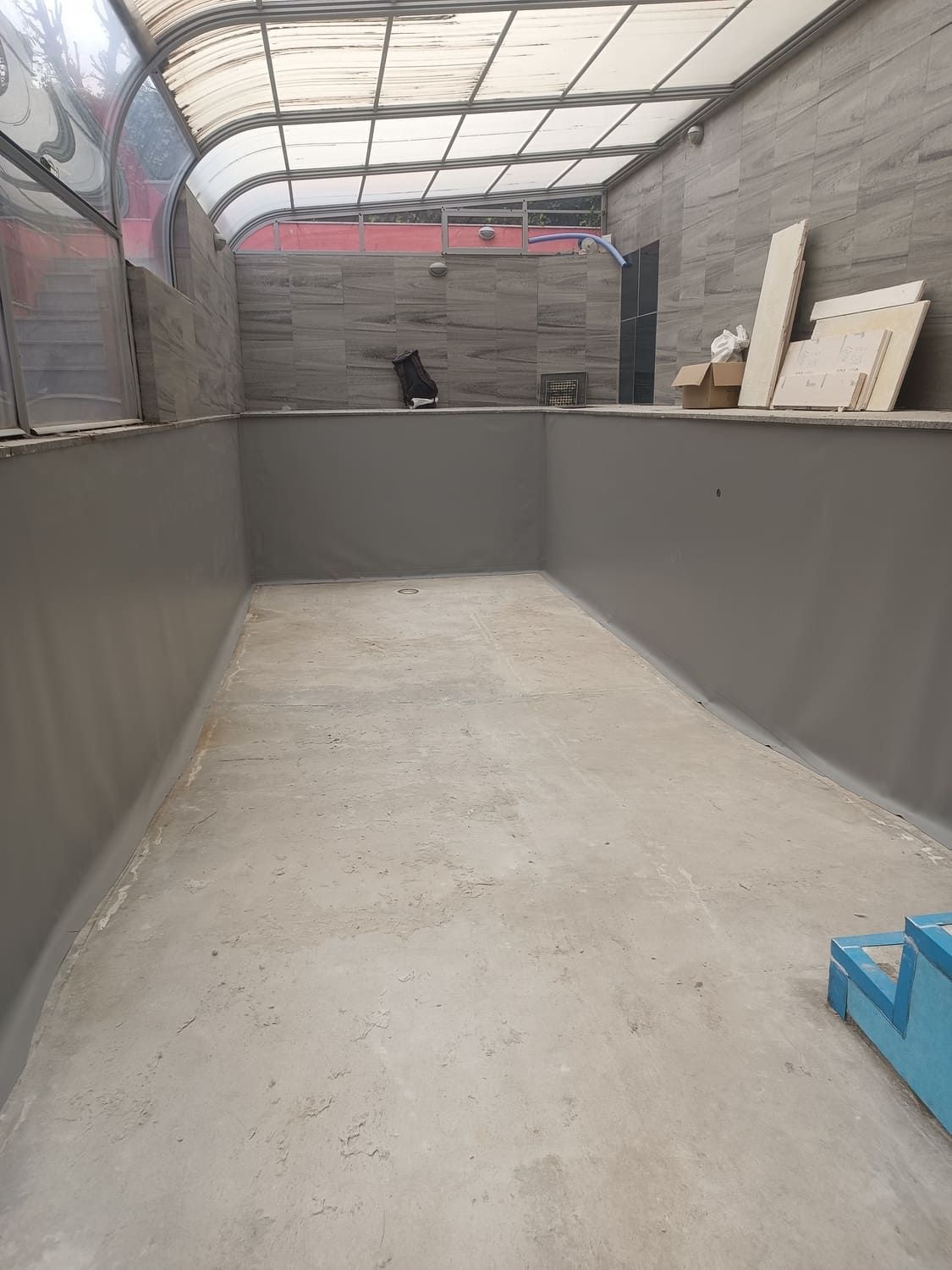 Piscina cubierta gris y vacía bajo un techo translúcido. Pequeños escalones azules a la derecha. Un gato negro sentado en la pared del fondo.