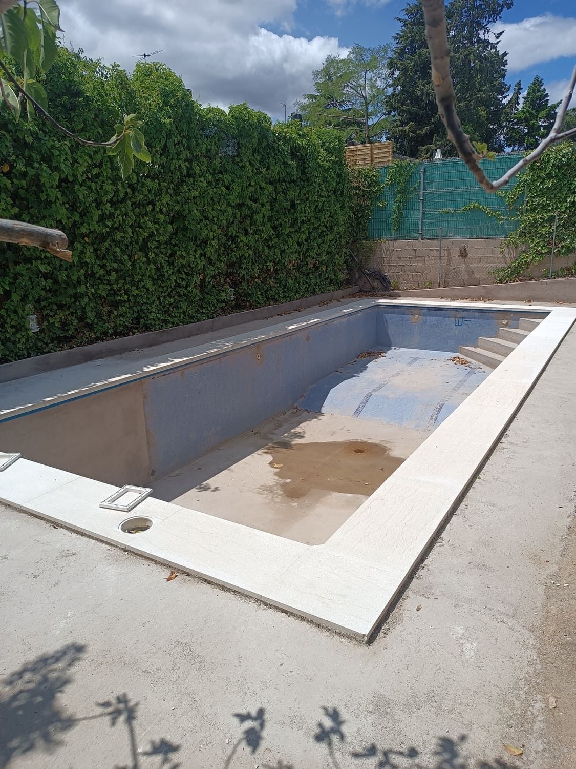 Piscina rectangular vacía con borde de azulejos claros. Seto verde detrás, cielo nublado.
