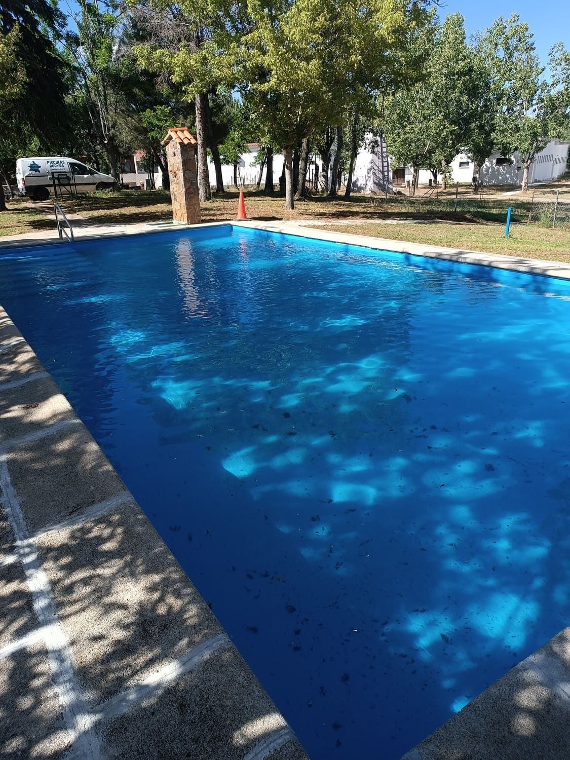 Piscina rectangular azul al aire libre, rodeada de hormigón y césped, árboles al fondo, día soleado.