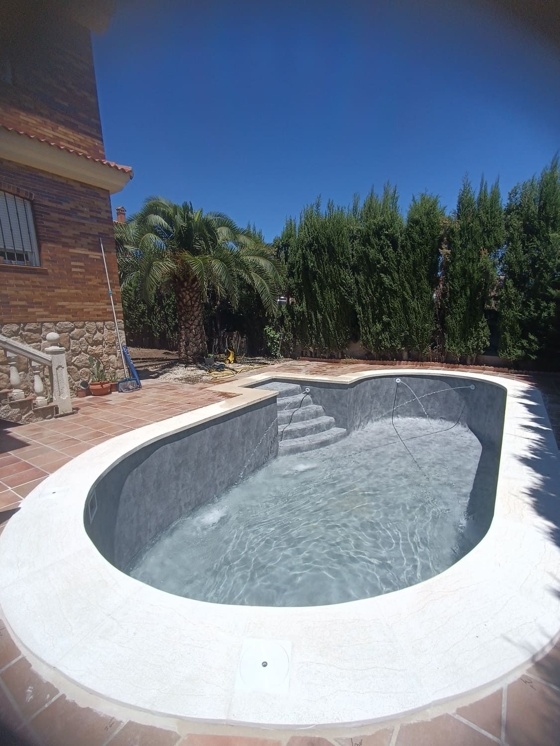Piscina de forma ovalada con interior gris y molduras blancas rodeada de ladrillo y vegetación en un día soleado.