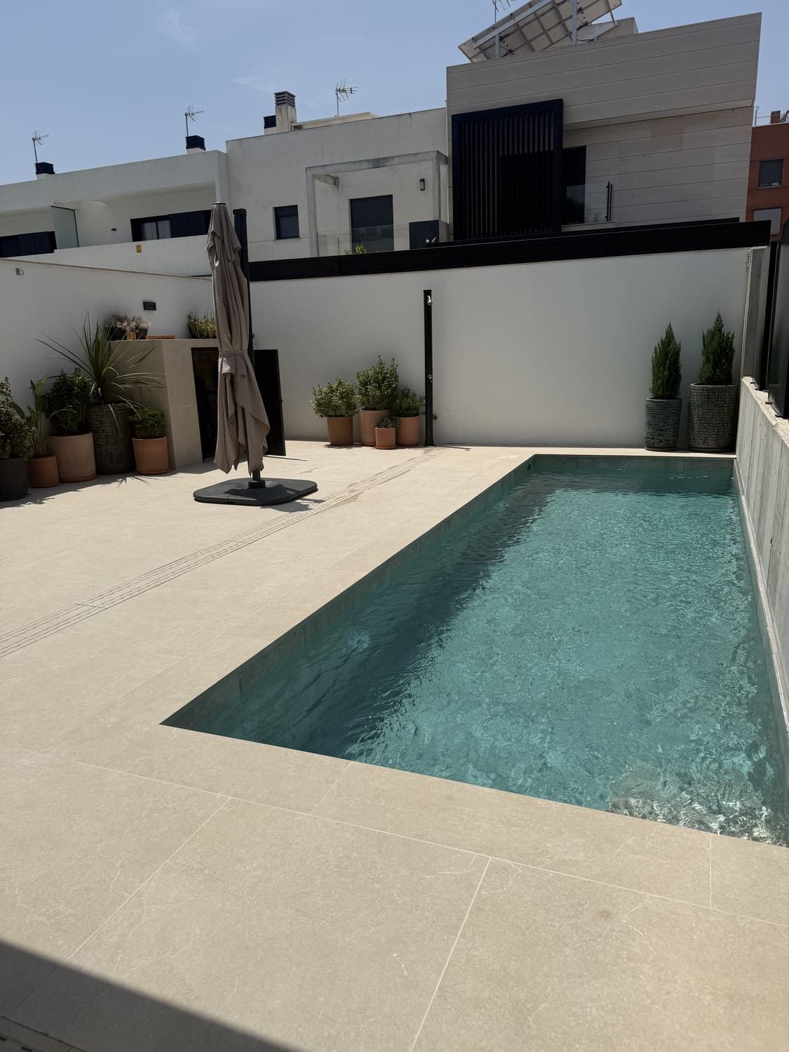 Piscina rectangular en un patio de paredes blancas con plantas en macetas y sombrilla.