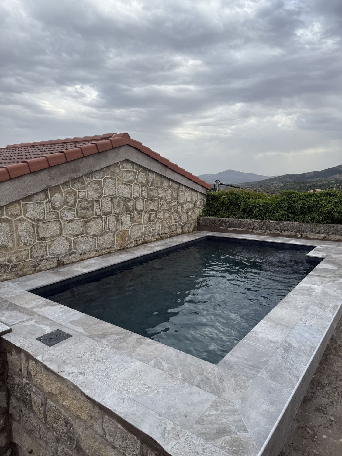 Pequeña piscina rectangular con agua oscura, marco de piedra y pared de ladrillo bajo un cielo nublado.