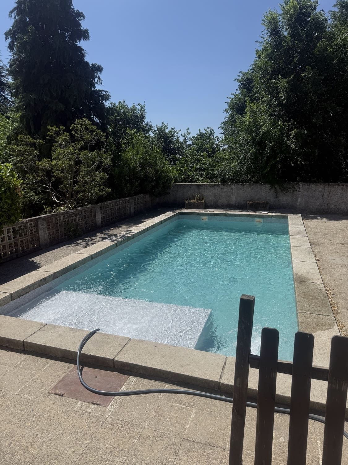 Piscina rectangular de agua clara, rodeada de hormigón y árboles, bajo un cielo azul.