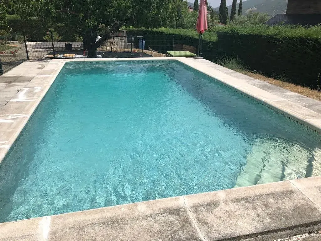 Una gran piscina rodeada de árboles y arbustos.