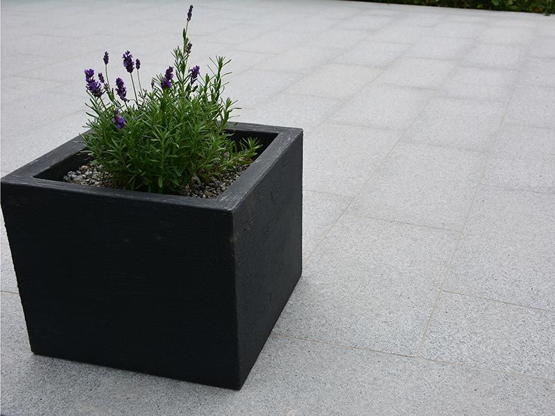 Schwarzer, quadratischer Pflanzkübel mit Lavendelblüten auf grau gefliester Terrasse.